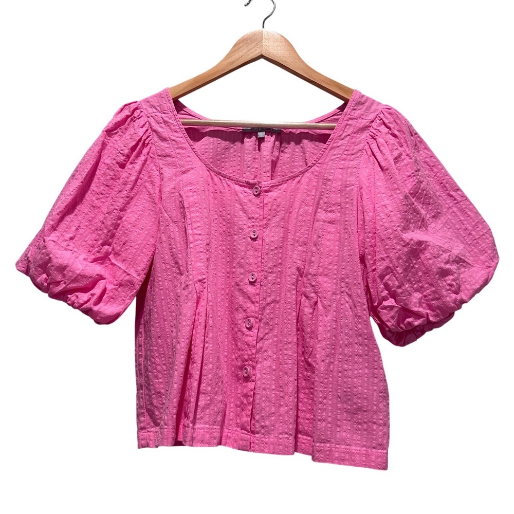 Oliver Bonas Puff Sleeve‎ Pink Blouse Size US 2 100% Cotton Preppy Barbie